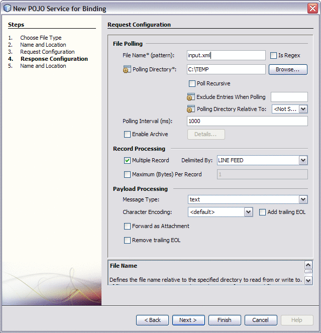 Figure shows the POJO Service for Binding Wizard
for a File Binding Component.