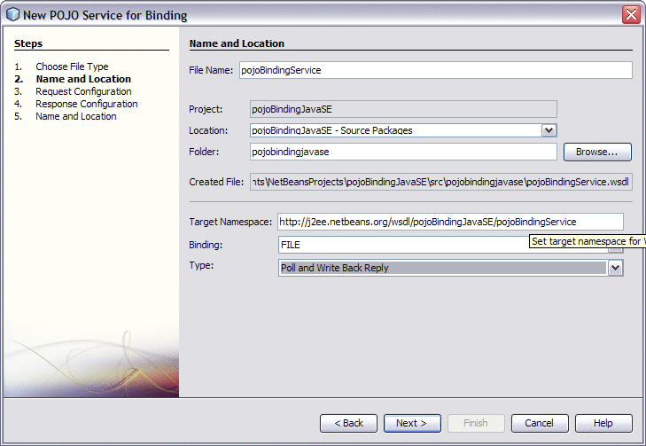 Figure shows the Name and Location window for
the WSDL binding.