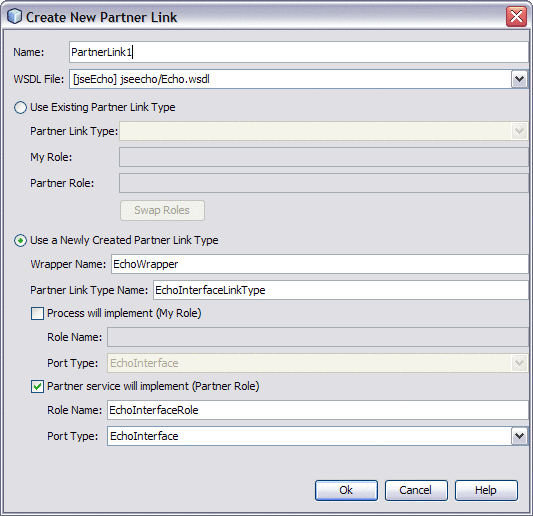 Figure shows the Create New Partner Link dialog
box.
