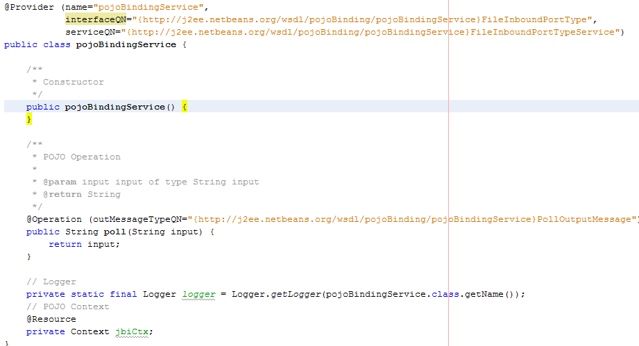 Figure shows the code framework generated for
a POJO service provider for binding.