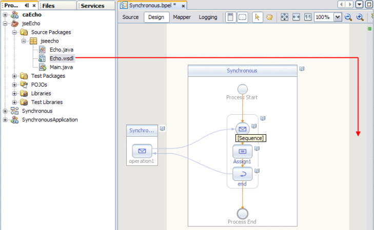 Figure shows dropping the POJO WSDL document
in the BPEL Editor.