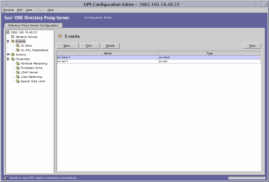 Directory Proxy Server  Configuration Editor Events window.
