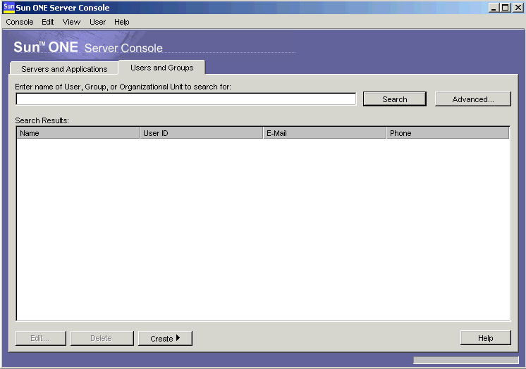 Sun ONE Console: Users and Groups tab.
