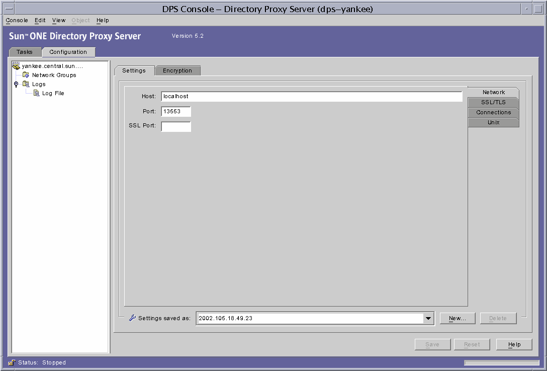 Directory Proxy Server Console Configuration tab.
