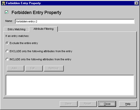 Directory Proxy Server  Configuration Editor Forbidden Entry Properties Attribute Filtering window.
