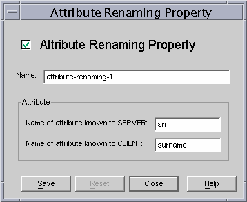 Directory Proxy Server  Attribute Renaming Properties window.
