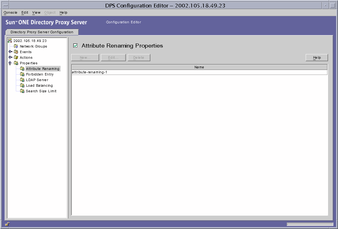 Directory Proxy Server  Configuration Editor Attribute Renaming Properties window.
