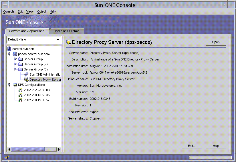 Sun ONE Console showing all servers and applications available inculding Directory Proxy Server.
