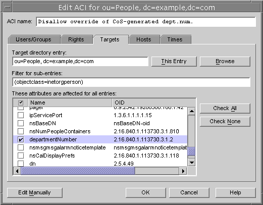 Window titled Edit ACI for ou=People,dc=example,dc=com and showing the graphical interface for defining an ACI