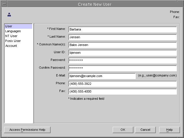 Window entitled Create New User showing the fields to enter user information such as name, user ID, password, phone number, and others