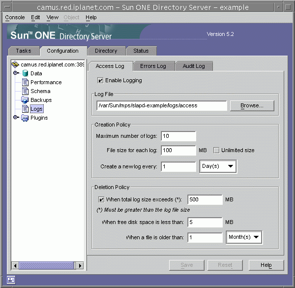 Screen capture of the log file rotation controls on the Logs node on the top-level Configuration tab of the Directory Server console