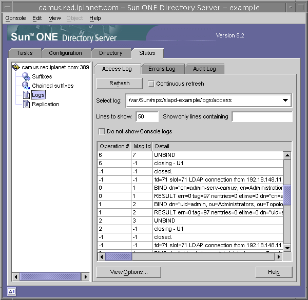 Screen capture showing log contents and controls on the Logs node on top-level Status tab of the Directory Server console