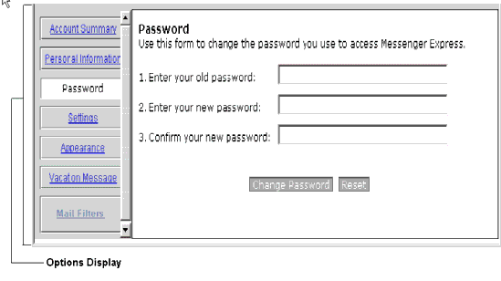 The Messenger Express Options screen enables access to the subscriber’s account  summary, personal information, password, settings, appearance, vacation message, and mail filters, all of which can be customized.