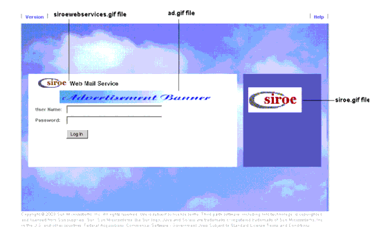 In this figure Sun ONE logo is replaced with a custom graphic and  an advertisement banner with a link is added to the Login Screen.