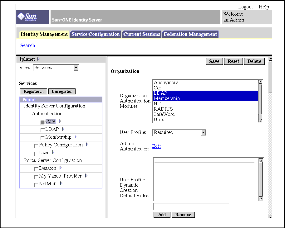 This figure is a screen shot of the iPlanet Directory Server Access Management Edition Admin Console.  See the text preceding the figure for a description of the screen.