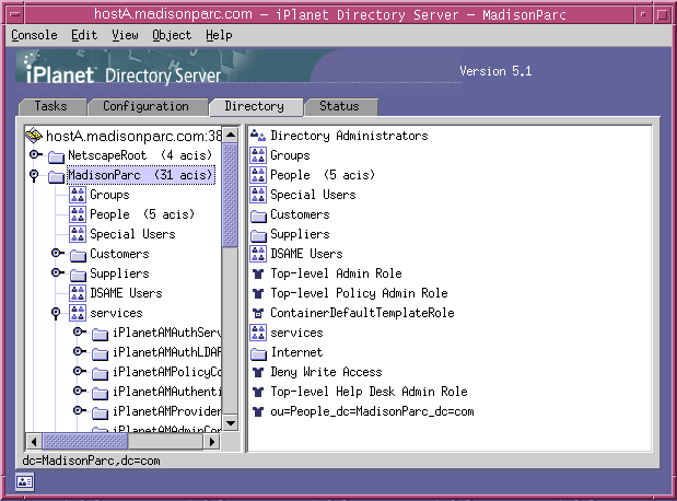 This figure illustrates the Directory Server console view of the MadisonParc directory after installExisting and install.ldif were installed.  