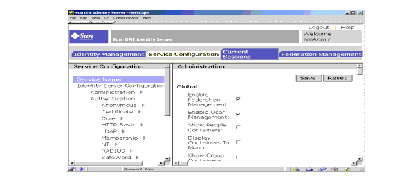 Identity Server Console - Service Configuration module.