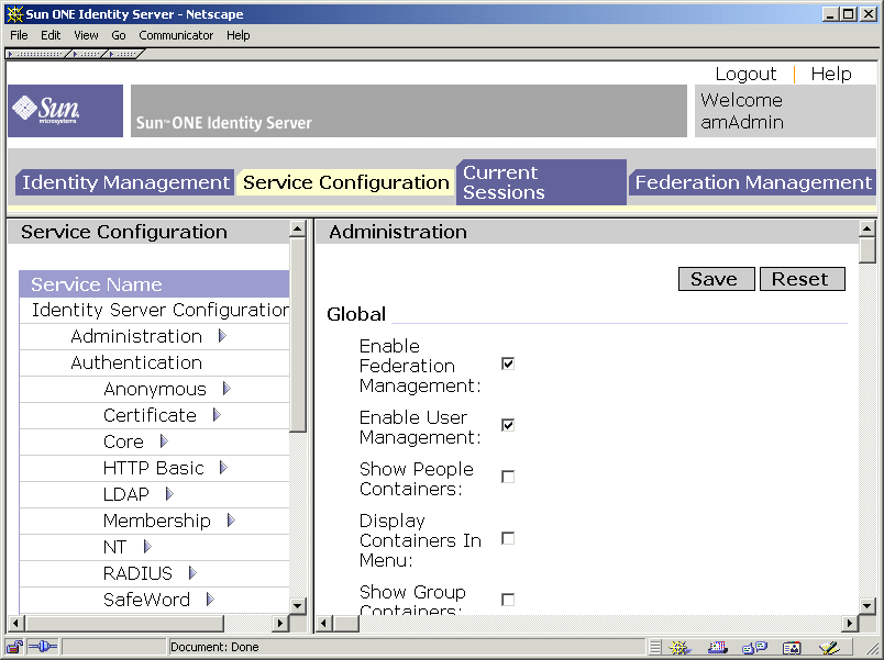 Figure 4-1 shows the Services Configuration page of Identity Server.