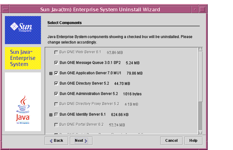 Screen capture of the uninstaller’s Select Components screen.