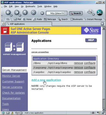 Figure showing the Applications page in the Sun ONE Active Server Pages server interface.