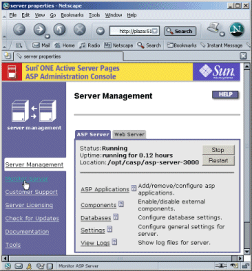 Figure showing the Server Management interface of the Sun ONE Active Server Pages software.