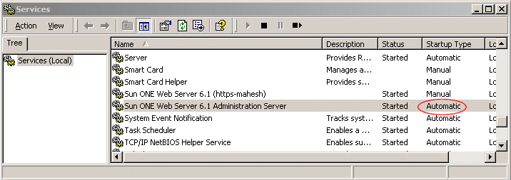 Figure showing the Control Panel’s Services item where the server’s Service Type should be set to automatic to start the server automatically after reboot.