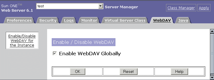 Figure showing the Enable/Disable WebDAV for the server instance page.