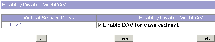 Figure showing the Enable/Disable WebDAV for a Virtual Server Class screen.