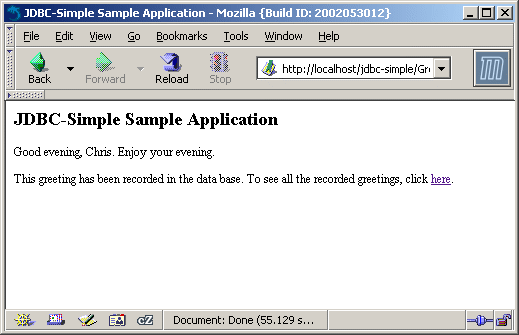 This screen shot shows the sample application greeting page in a web browser.