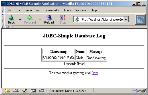 This screen shot shows the database log for the sample application in a web browser.