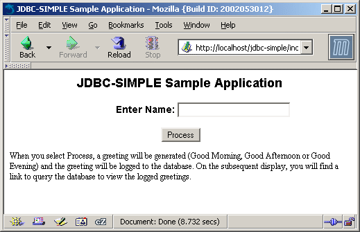This screen shot shows the sample application welcome screen in a web browser.