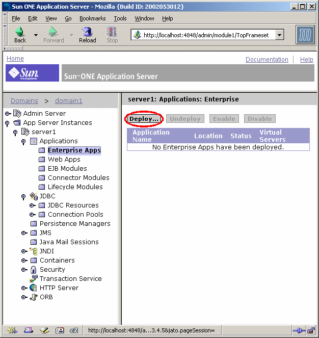 This screen shot shows the application server Administration interface in a web browser with the Enterprise Apps pane highlighted and the Deploy button circled.