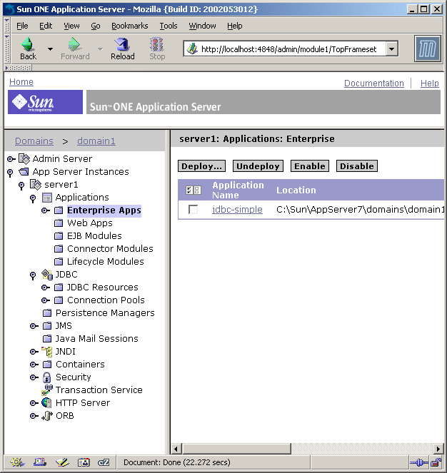 This screen shot shows the application server Administration interface in a web browser with the Enterprise Applications pane highlighted and the jdbc-simple item highlighted.