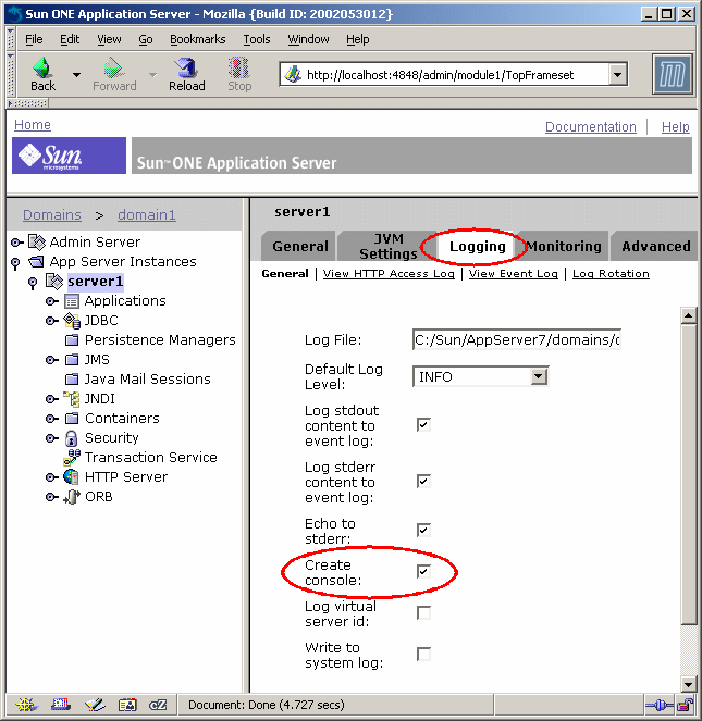 This screen shot shows the application server Administration interface in a web browser with the Logging tab highlighted and the Create console item circled.