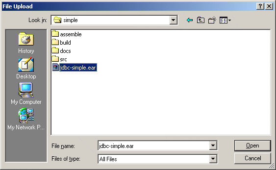 This screen shot shows the File Upload dialog box with jdbc-simple.ear highlighted.