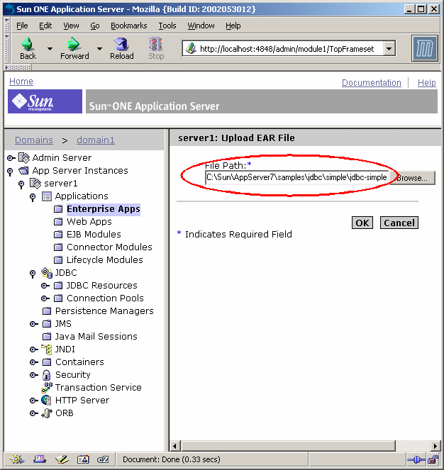 This screen shot shows the application server Administration interface in a web browser with the Upload Deployment File pane highlighted.
