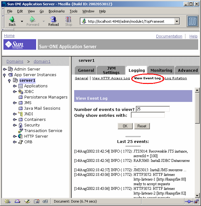 This screen shot shows the application server Administration interface in a web browser with the View Error Log pane highlighted.