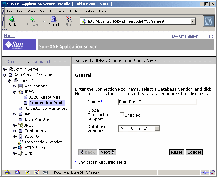 This screen shot shows Administration interface in a web browser with the connection pools node highlighted.