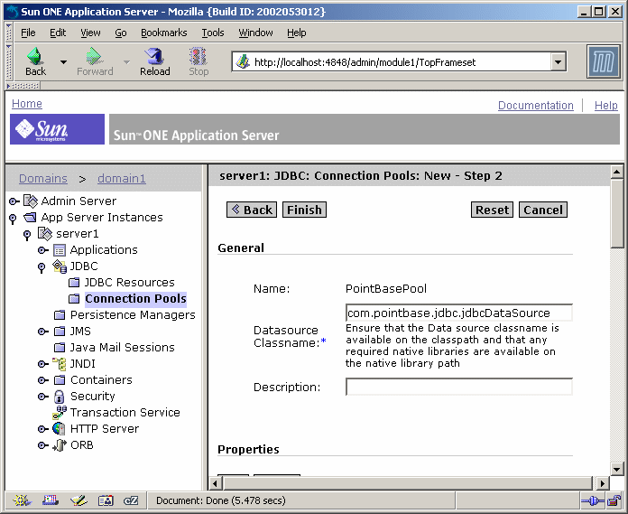 This screen shot shows Administration interface in a web browser with the connection pools node highlighted.