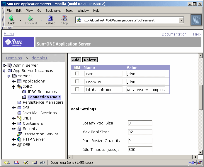 This screen shot shows Administration interface in a web browser with the connection pools node highlighted.