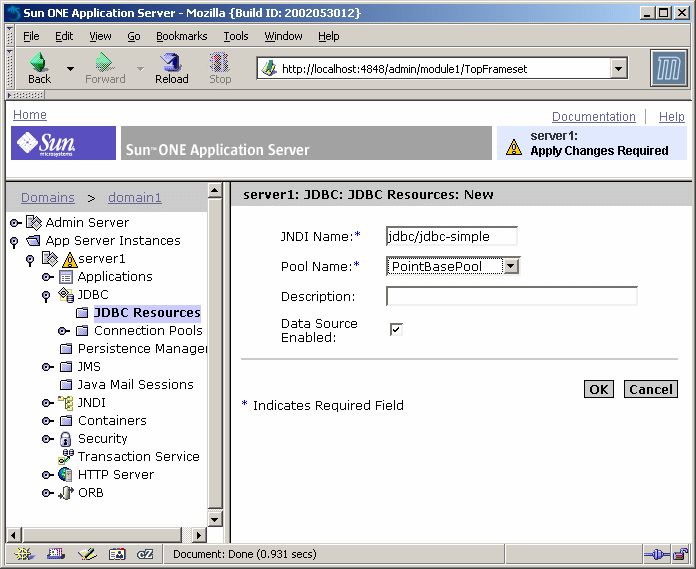 This screen shot shows the application server Administration interface in a web browser with the Create Data Source pane highlighted.