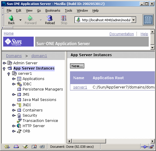 This screen shot shows the application server Administration interface in a web browser.