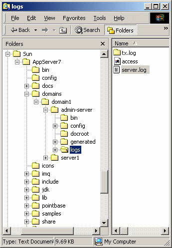 This screen shot shows the application server installation file structure in Windows Explorer with the logs directory highlighted.