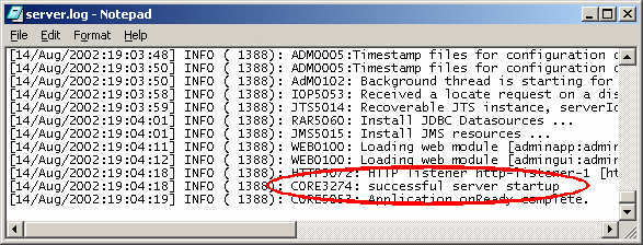 This screen shot shows a command console displaying successful server start-up messages in a log file.