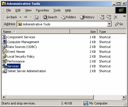 This screen shot shows the Windows Administrative Tools panel with Services highlighted.