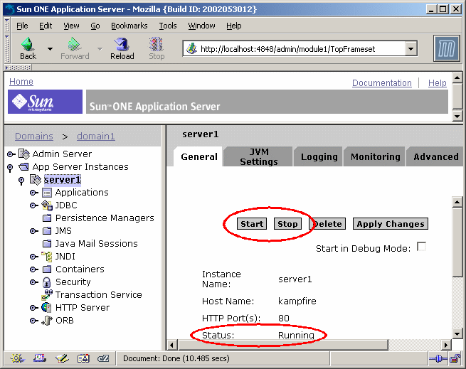 This screen shot shows the application server Administration interface in a web browser highlighting the server1 instance node.