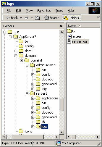 This screen shot shows the application server installation file structure in Windows Explore with the logs directory highlighted.