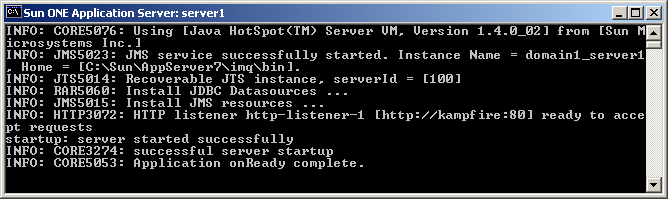 This screen shot shows a Windows command console with the start-up status of an application server instance.