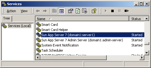 This screen shot shows the Windows Services panel with Sun Application Server 7 (server1) highlighted.