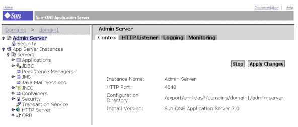 This screen capture shows the Admin Server Control page. Click Apply Changes for any Admin Server-wide changes.